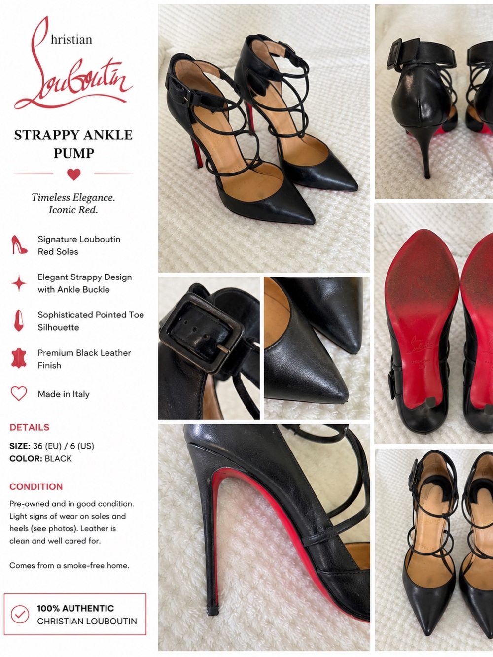 Christian Louboutin Black Strappy Pointed Ankle Pumps with Red Soles